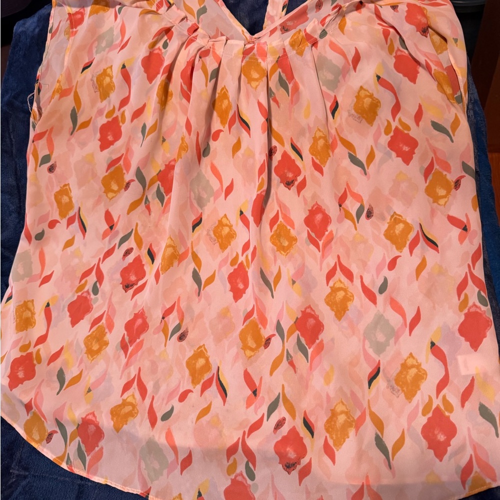LC Lauren Conrad Pink Floral Print Blouse with Coral & Mustard